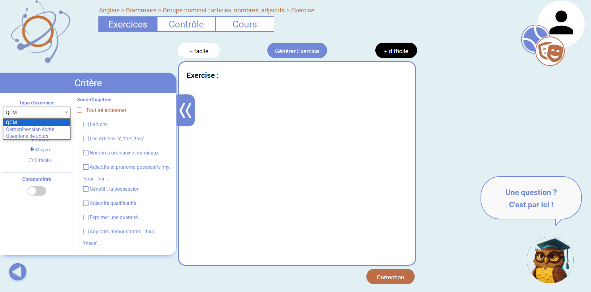 image plateforme Copernik, espace pour remplir des critères de personnalisation pour générer un exercice